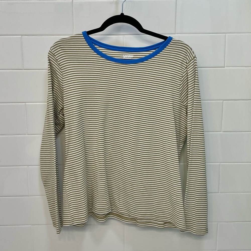 Vintage Lands End  Long Sleeve grew and white stripe Top with Blue Trim